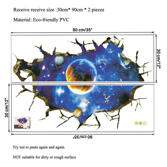 3D Cosmic Planet Wall Sticker – Broken Wall Space Mural for Kids’ Rooms