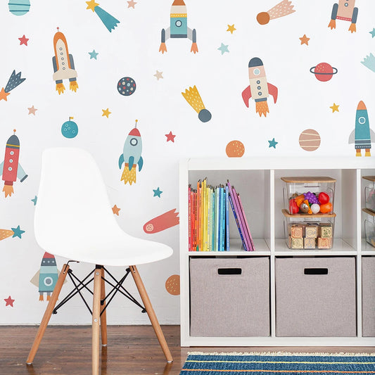 Space Rocket Wall Sticker – Watercolor Astronaut & Planet Décor for Kids