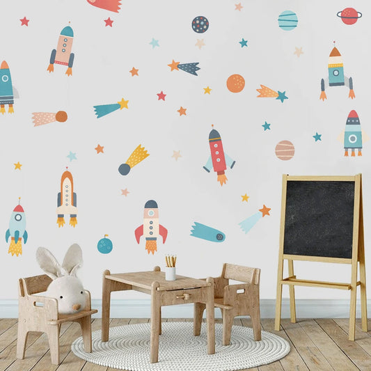 Space Rocket Wall Sticker – Watercolor Astronaut & Planet Décor for Kids