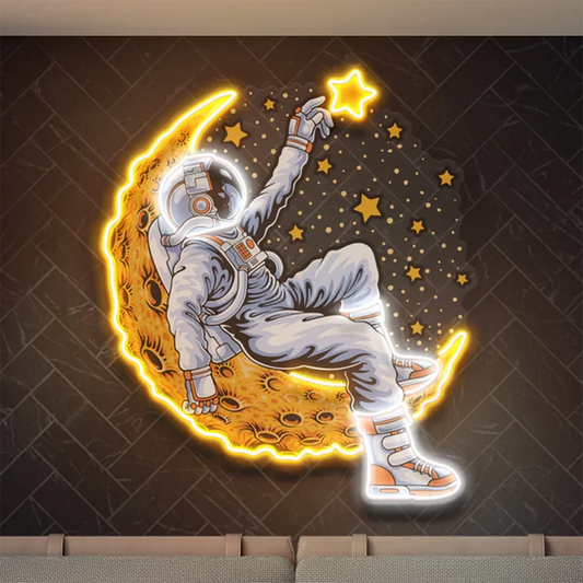 Astronaut on Moon Neon Sign – Handmade LED Space Wall Art