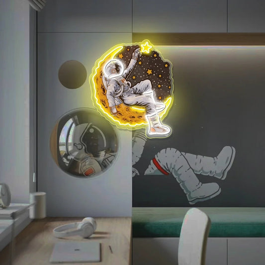 Astronaut on Moon Neon Sign – Handmade LED Space Wall Art