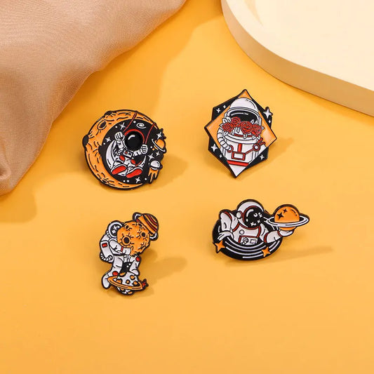 Creative Aerospace Enamel Pin – Cartoon Astronaut & Planet Brooch