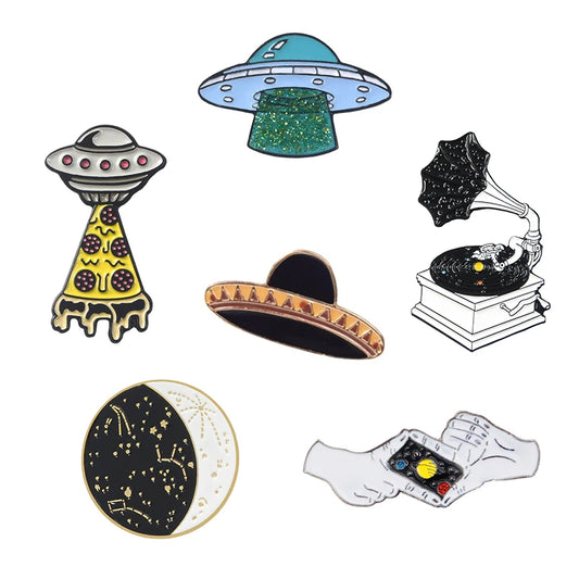 Universe Collection Enamel Pin – Cartoon UFO & Galaxy Brooch Set