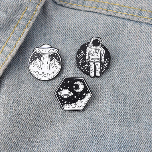 Universe Adventure Enamel Pins – Astronaut & UFO Cartoon Brooch Set