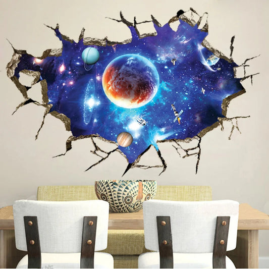 3D Cosmic Planet Wall Sticker – Broken Wall Space Mural for Kids’ Rooms