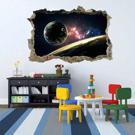 3D Star Universe Broken Wall Stickers – Kids Room Space Decals