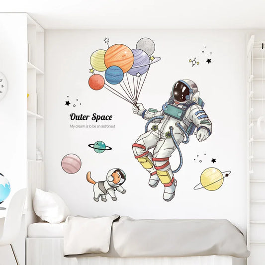 Cartoon Outer Space Astronaut Wall Sticker – Removable Kids’ Room Decor