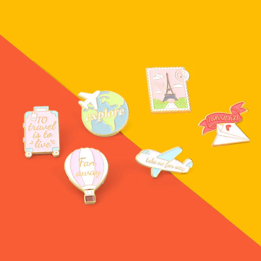Cartoon Travel Enamel Pin – Plane, Earth & Hot Air Balloon Brooch