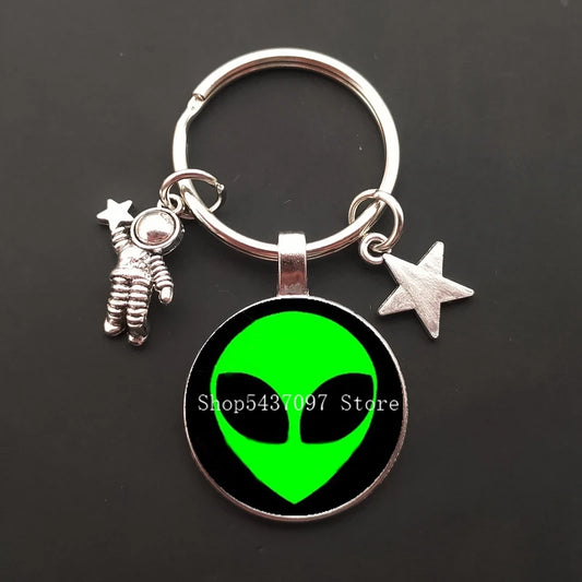Funny Alien & Astronaut Keychain – Glass Cabochon Pendant Gift