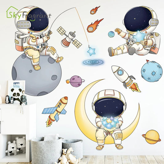 Cartoon Astronaut Wall Stickers – Fun Outer Space Vinyl Décor for Kids