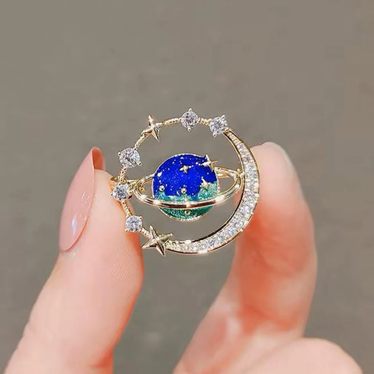 Blue Starry Sky Moon Brooch – Elegant Universe Zirconia Pin for Women