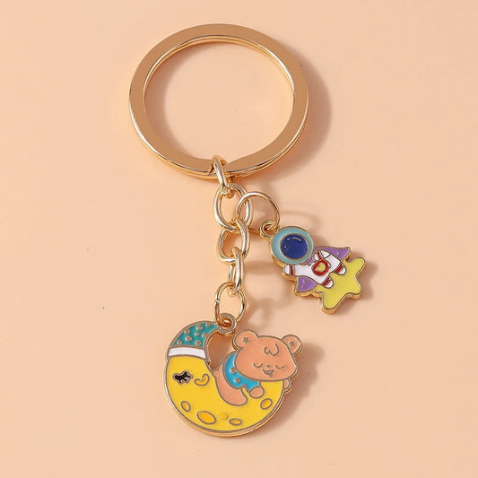 Cute Space Keychain – Enamel Astronaut, Rocket & Moon Charm
