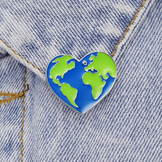 Green Earth Heart Enamel Pin – World Map Brooch for Travel & Eco Lovers
