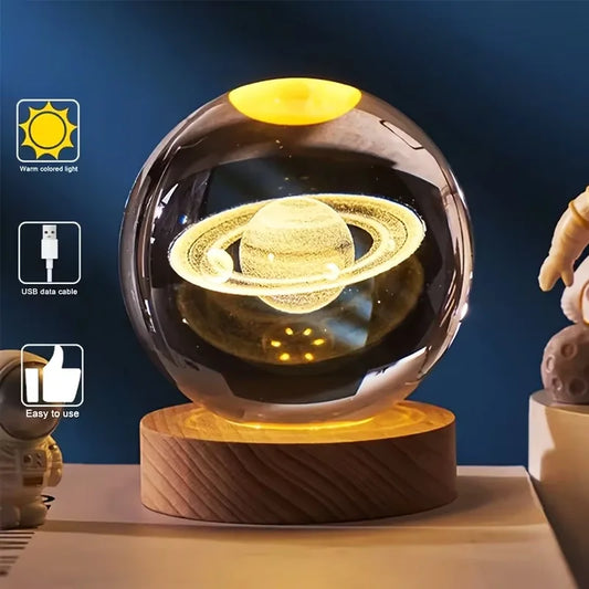 Luminous Crystal Ball Lamp – 3D Saturn & Moon Night Light