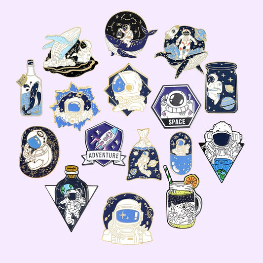 Astronaut Adventure Enamel Pins – Cartoon Space Brooch Set