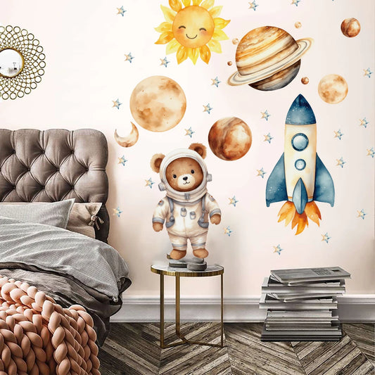 Watercolor Space Wall Decal – Planets, Stars & Rocket