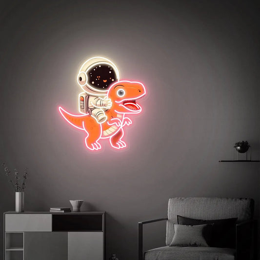 Astronaut Riding Dinosaur LED Neon Sign – Personalized Kids Room Wall Art
