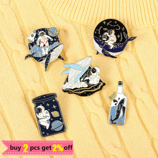 Astronaut Adventure Enamel Pins – Cartoon Space Brooch Set