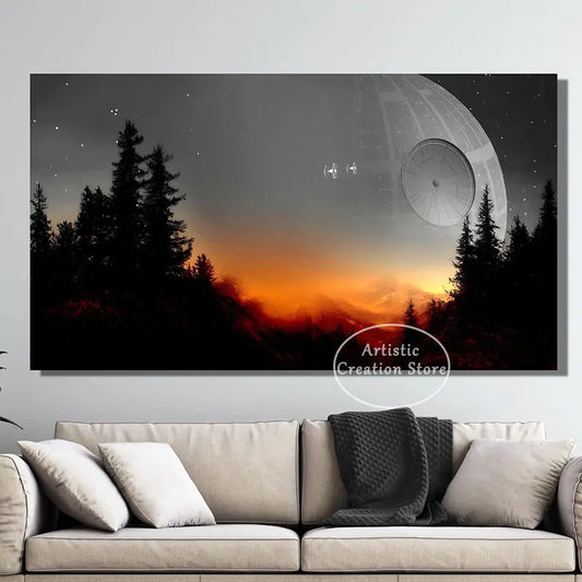 Star Universe Mountains Landscape Space War Canvas – Epic Wall Art