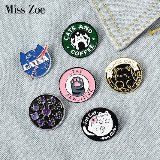 Cats Club Enamel Pin – Cute Cat, Planet & Moon Lapel Badge