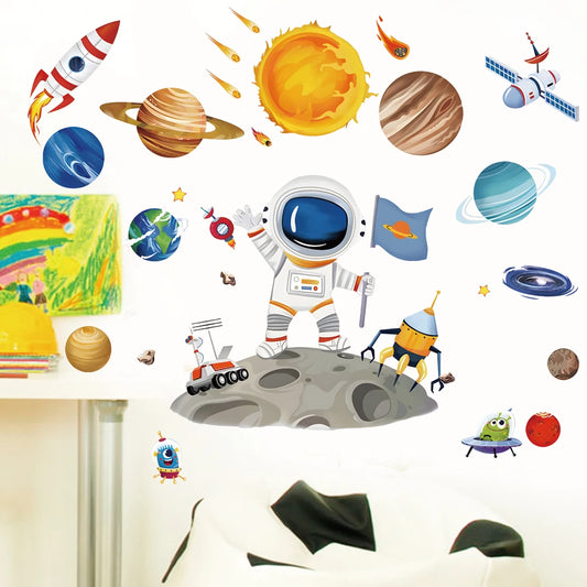 3D Planet Astronaut Wall Stickers – Kids Room Cartoon Space Décor