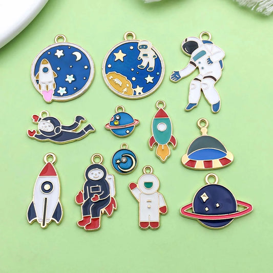 Enamel Space Charms Set – 10/12pcs Astronaut, Rocket & Satellite Pendants