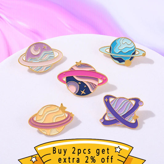 Romantic Space Enamel Pin Collection – Planet & Astronaut Cartoon Badges