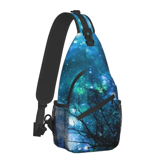 Galaxy Sling Chest Bag – Black Trees & Blue Nebula Crossbody Daypack