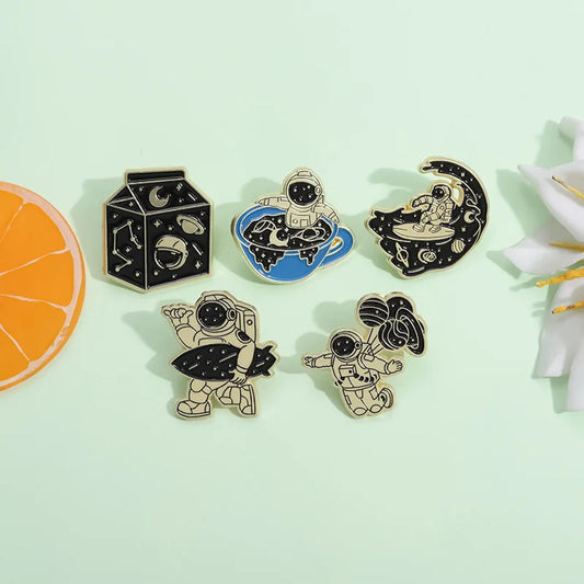 Space Series Enamel Brooch Pins – Astronaut, Rocket & Coffee Cup Lapel Badges