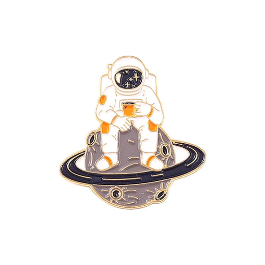 Astronaut Galaxy Enamel Pins – Space, Coffee & Whale Brooch Set