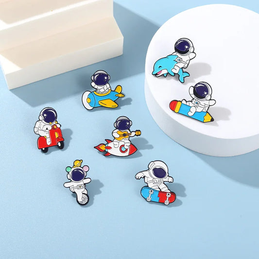 Astronaut Ocean Surfing Enamel Pin – Cartoon Space Badge