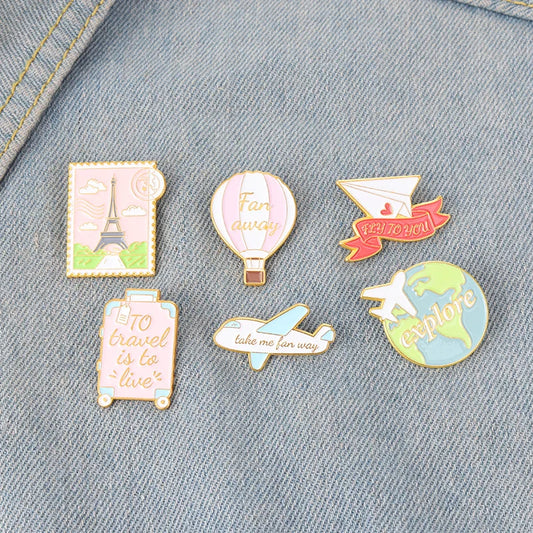 Cartoon Travel Enamel Pin – Plane, Earth & Hot Air Balloon Brooch