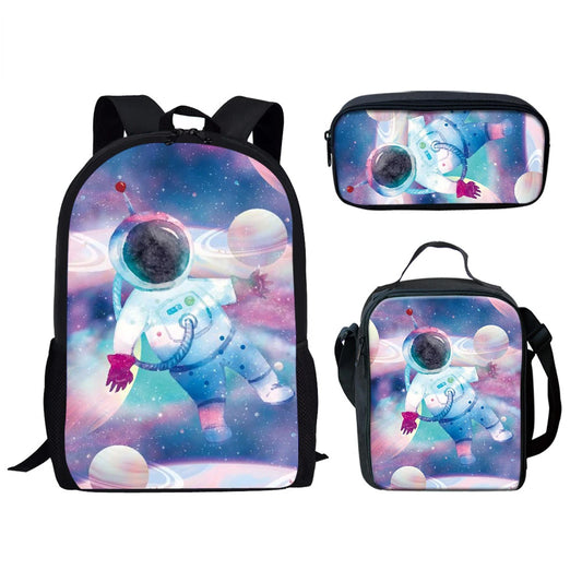 3D Astronaut School Bag Set – Funny Space Print Backpack, Lunch Bag & Pencil Case