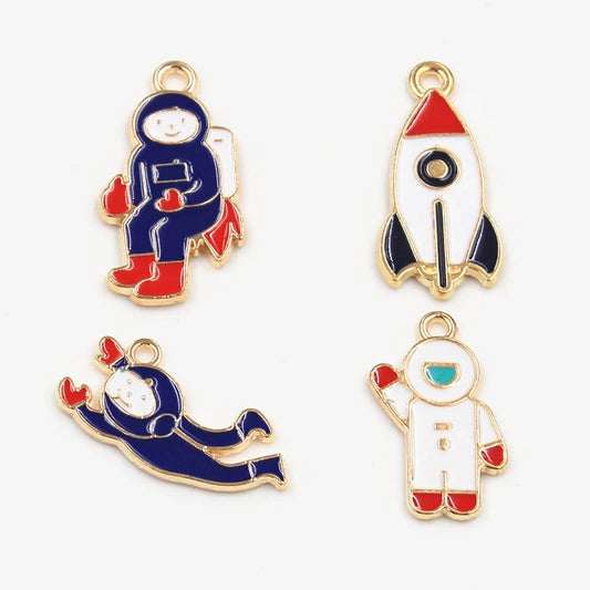 12pcs Space Man Charms – Gold Astronaut & Rocket Pendants for DIY Crafts