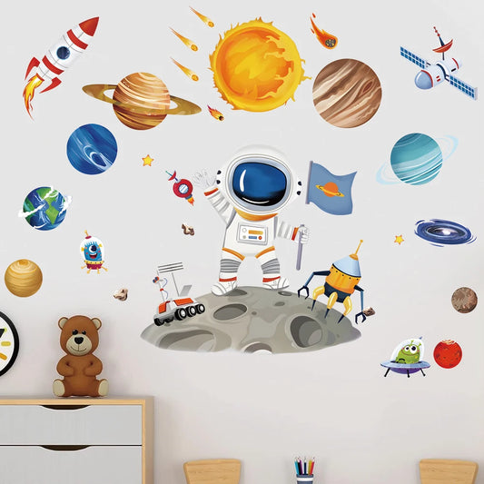 3D Planet Astronaut Wall Stickers – Kids Room Cartoon Space Décor