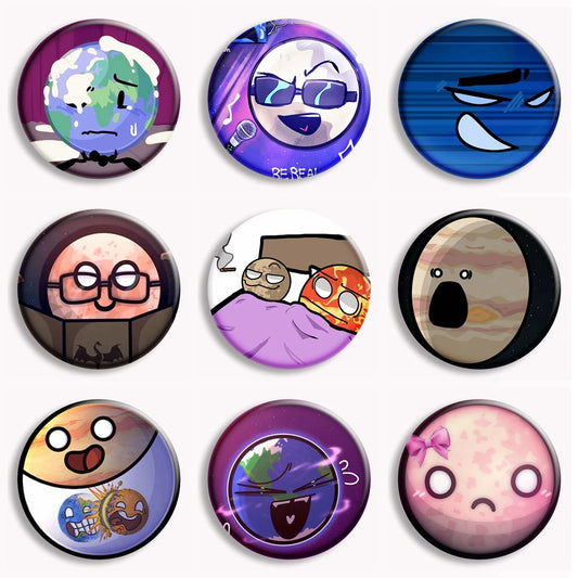 Cartoon Solar Balls Button Pin – Funny Planet X Meme Badge for Fans