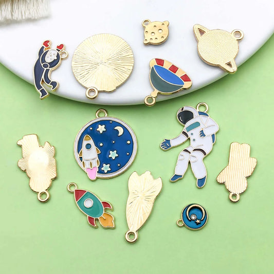Enamel Space Charms Set – 10/12pcs Astronaut, Rocket & Satellite Pendants