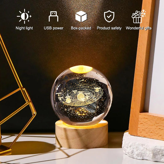 Luminous Crystal Ball Night Light – Saturn & Moon 3D LED Table Lamp