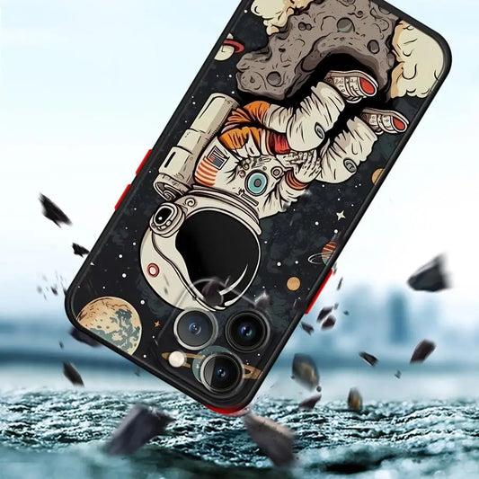 Cartoon Astronaut Matte Phone Case – Protective Cover for iPhone