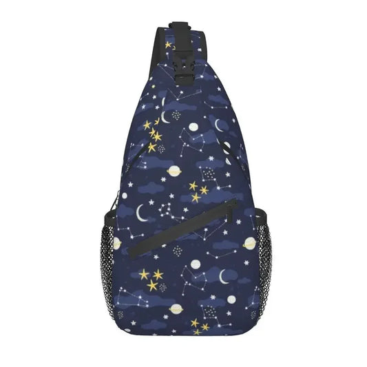 Galaxy Sling Chest Bag – Black Trees & Blue Nebula Crossbody Daypack