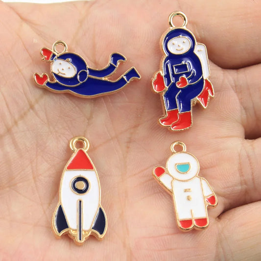 12pcs Space Man Charms – Gold Astronaut & Rocket Pendants for DIY Crafts