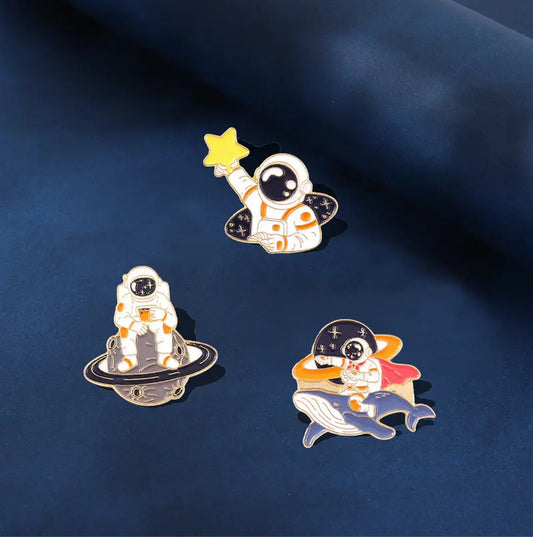 Astronaut Galaxy Enamel Pins – Space, Coffee & Whale Brooch Set