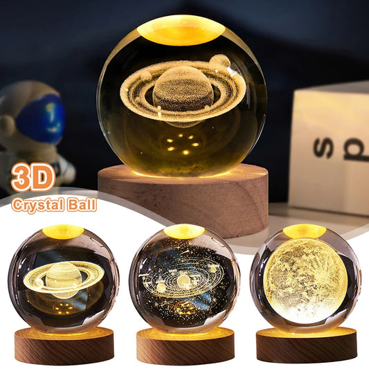 Luminous Crystal Ball Night Light – Saturn & Moon 3D LED Table Lamp