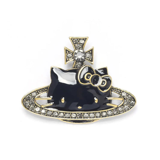 Planet & Black Cat Enamel Pin – Trendy Cosmic Punk Brooch
